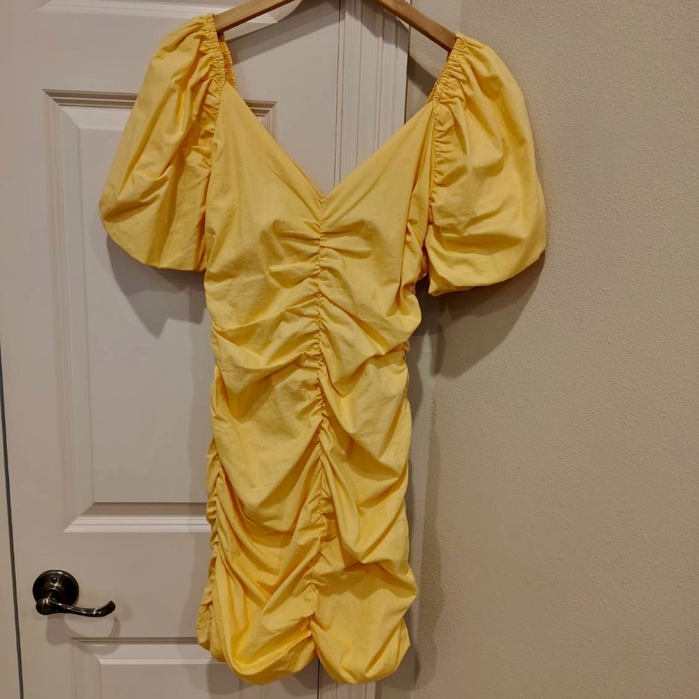 Ruched Mini Dress Women S Yellow Puff Sleeve 80s Party Style Prom Night Out